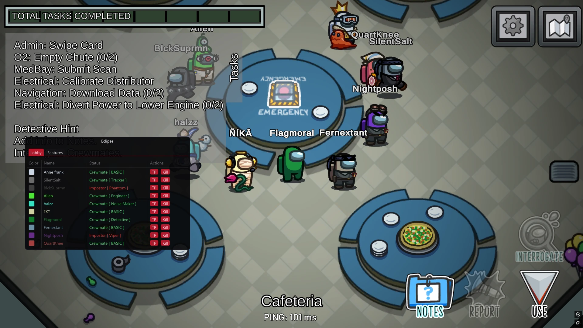 Among Us cheats showing player ESP, impostor detector and overlay features
