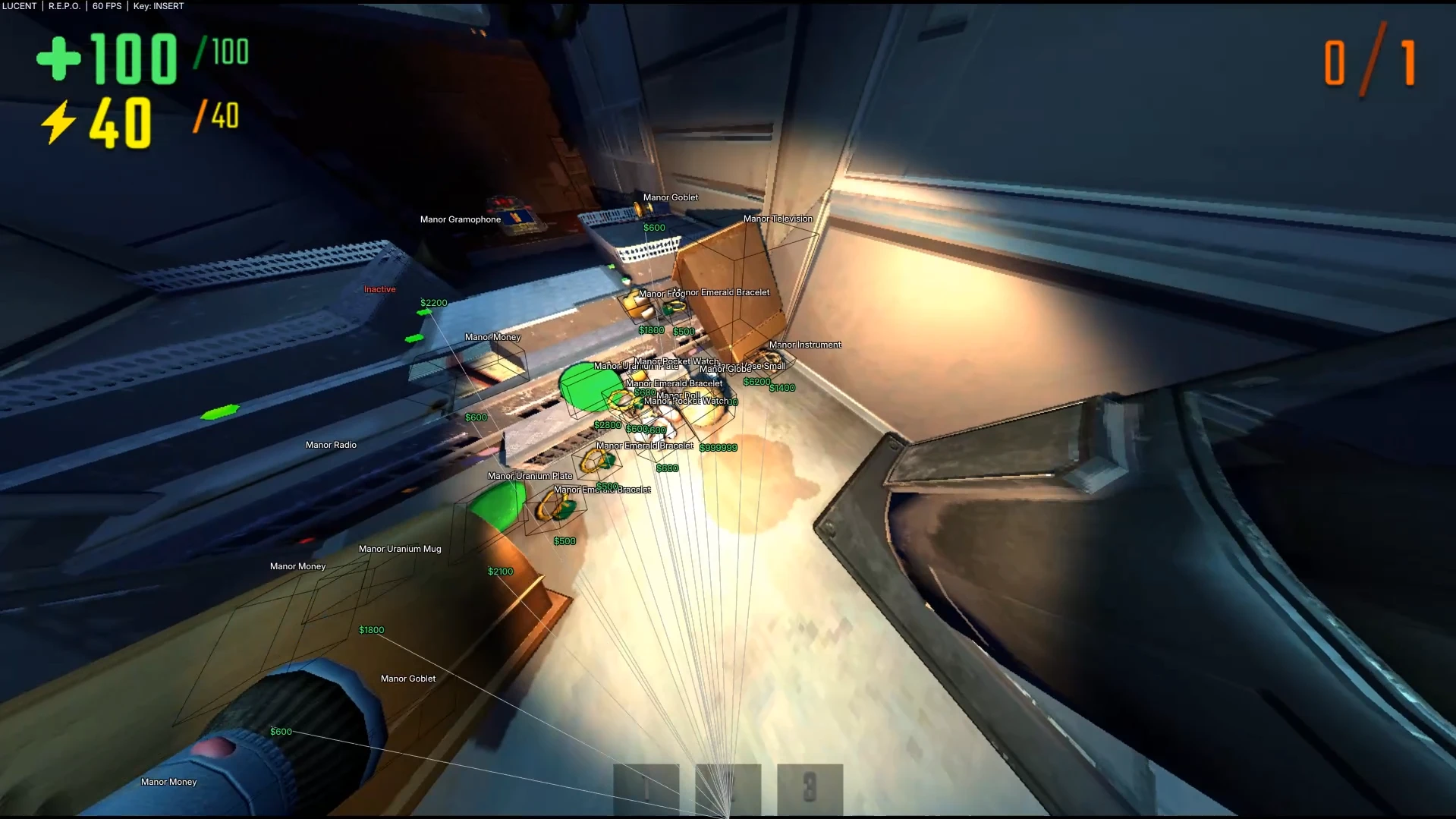 R.E.P.O ESP preview showing monsters, loot, objectives, boxes, chams, and distance tracking