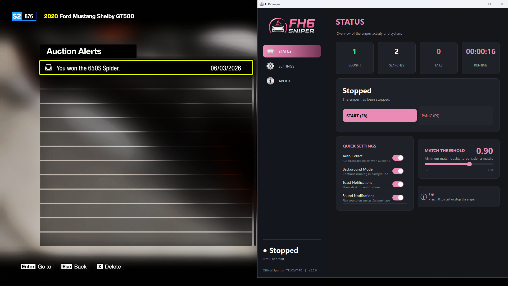 Forza Horizon 6 sniper bot interface showing settings and automation options