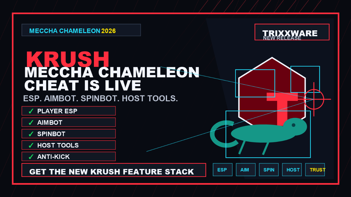 Krush Meccha Chameleon cheat launch media with Trixxware branding and feature stack